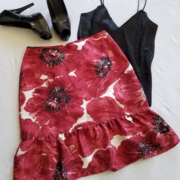 Ann Taylor Dresses & Skirts - Ann Taylor poppy print silk A-line skirt ruffle 2
